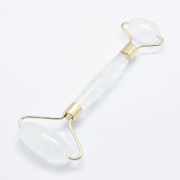 ARRICRAFT Natural Quartz Crystal Brass Face Massager, Facial Rollers, Golden, 146~150x54~58x19~22mm