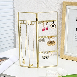 Honeyhandy Iron Jewelry Display Folding Screen Stands with 2 Folding Panels, Jewellery Earring Organizer Hanging Holder, for Necklace, Bracelet, Ring, Rectangle, Golden, 28x20.5x1.4cm