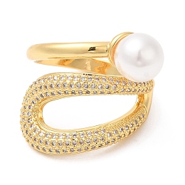 Honeyhandy Rack Plating Brass Teardrop Cuff Ring with Plastic Pearl Beaded, Cubic Zirconia Ring, Lead Free & Cadmium Free, Real 18K Gold Plated, US Size 7 1/2(17.7mm)