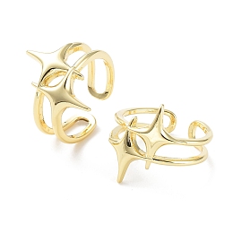 Honeyhandy Brass Open Cuff Rings, Double Star, Real 18K Gold Plated, US Size 7 1/4(17.5mm)