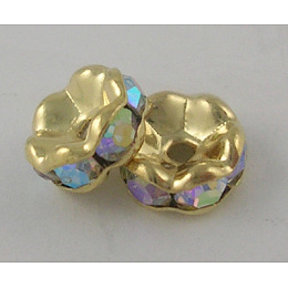 Honeyhandy Brass Rhinestone Spacer Beads, Beads, Grade A, Clear AB, with AB Color Rhinestone, Golden Metal Color, Nickel Free, Size: about 6mm in diameter, 3mm thick, hole: 1mm