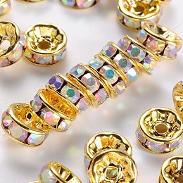 Honeyhandy Brass Grade A Rhinestone Spacer Beads, Golden Plated, Rondelle, Nickel Free, Crystal AB, 8x3.8mm, Hole: 1.5mm