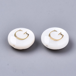 Honeyhandy Natural Freshwater Shell Beads, with Golden Plated Brass Etched Metal Embellishments, Flat Round, Seashell Color, Letter.G, 8x3~5mm, Hole: 0.5~07mm