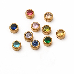 Honeyhandy Eco-Friendly 304 Stainless Steel Beads, with Glass, Flat Round, Mixed Color, 6x4mm, Hole: 1.2mm