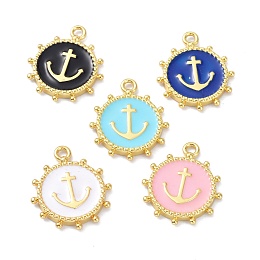 Honeyhandy Eco-Friendly Stainless Steel Enamel Pendants, Real 18K Gold Plated, Long-Lasting Plated, Flat Round with Anchor, Mixed Color, 20x16.5x2.2mm, Hole: 1.9mm