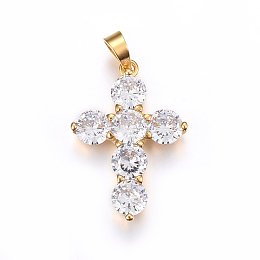 Honeyhandy 304 Stainless Steel Pendants, with Cubic Zirconia, Cross, Clear, Golden, 33x23x4.5mm, Hole: 5x7mm