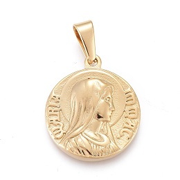 Honeyhandy 304 Stainless Steel Pendants, Flat Round with Virgin Mary & Word, Golden, 28.5x24.5x4mm, Hole: 4x8.5mm