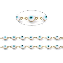 Honeyhandy Handmade Enamel Link Chains, with 304 Stainless Steel Findings, Soldered, Flat Round with Eye, Golden, Cyan, Flat Round Link: about 11x6.1x4.2mm