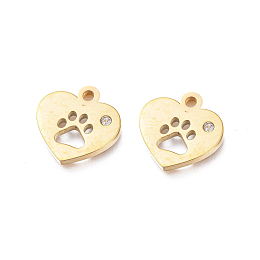 Honeyhandy Ion Plating(IP) 304 Stainless Steel Charms, Manual Polishing, with Crystal Rhinestone, Heart with Dog Paw Printed, Golden, 12x12x1.2mm, Hole: 1.8mm