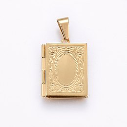 Honeyhandy 316 Stainless Steel Locket Pendants for Teachers' Day, Book, Real 18k Gold Plated, 26x19x4.5mm, Hole: 10x5mm, Inner Size: 15x10mm