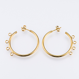 Honeyhandy 304 Stainless Steel Stud Earring Findings, Half Hoop Earrings, with Loop, Golden, 32x33.5x2mm, Hole: 2mm, Pin: 0.8mm