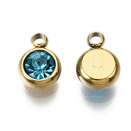 Honeyhandy Vacuum Plating 201 Stainless Steel Rhinestone Charms, Birthstone Charms, Flat Round, Real 18K Gold Plated, Aquamarine, 8.5x6x3mm, Hole: 1.5mm