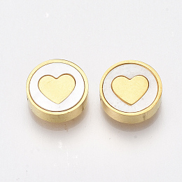 Honeyhandy 304 Stainless Steel Beads, with Shell, Flat Round with Heart, Golden, 10x3mm, Hole: 1.6mm