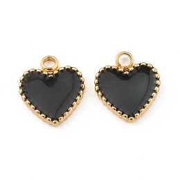 Honeyhandy Fashion 304 Stainless Steel Enamel Charms, Heart, Black, Golden, 11x10x2mm, Hole: 1.8mm