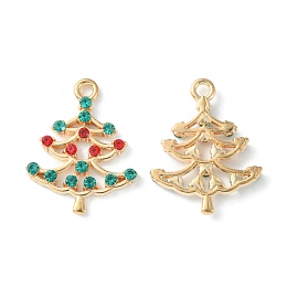 Honeyhandy UV Plating Alloy Pendants, with Rhinestone, Christmas Tree Charms, Golden, Green, 22x17.5x2.5mm, Hole: 1.8mm