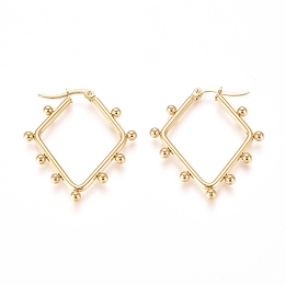 Honeyhandy 304 Stainless Steel Angular Hoop Earrings, Hypoallergenic Earrings, with Round Beads, Rhombus, Golden, 36.5x31.8x3mm, Pin: 0.5x0.9mm