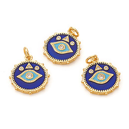 Honeyhandy Brass Micro Pave Cubic Zirconia Pendants, with Jump Rings and Enamel, Flat Round with Evil Eye, Blue, Real 18K Gold Plated, 18.5x16x2mm, Jump Ring: 5x0.8mm, Hole: 3.5mm