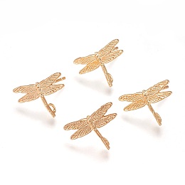 Honeyhandy Brass Stud Earring Findings, with Loop, Nickel Free, Real 18K Gold Plated, Dragonfly, 12x16mm, Hole: 1mm, Pin: 0.8mm