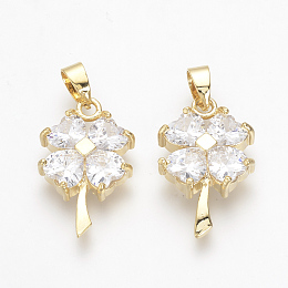 Honeyhandy Brass Cubic Zirconia Pendants, Nickel Free, Real 18K Gold Plated, Clover, 22x14x4.5mm, Hole: 3.5x4.5mm