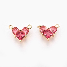 Honeyhandy Brass Cubic Zirconia Charms, Real 18K Gold Plated, Heart, Hot Pink, 9.5x12x4.5mm, Hole: 1mm