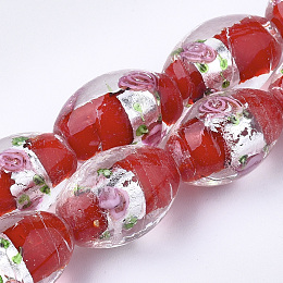 Honeyhandy Handmade Silver Foil Glass Lampwork Beads, Oval with Flower, Red, 16~17x9~11mm, Hole: 1.5~2mm