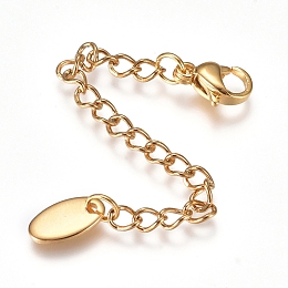 Honeyhandy 304 Stainless Steel Chain Extender, with Lobster Claw Clasps and Charms, Oval, Golden, 73mm, Link: 4x3x0.4mm, Clasp: 9.2x6.2x3.3mm