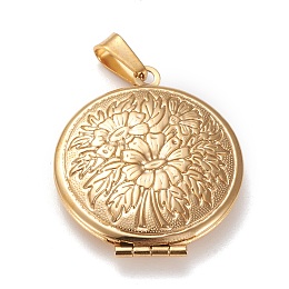 Honeyhandy 316 Stainless Steel Locket Pendants, Photo Frame Charms for Necklaces, Flat Round with Flower, Real 18K Gold Plated, 32x27x6.5mm, Hole: 3x7mm, Inner Diameter: 19mm