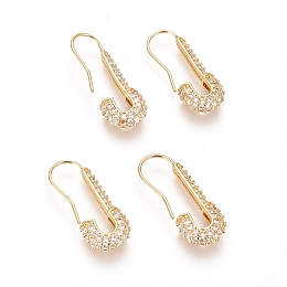 Honeyhandy Brass Micro Pave Cubic Zirconia Dangle Earrings, Long-Lasting Plated, Safety Pin Shape, Clear, Golden, 27x10.5x4mm, Pin: 0.7mm