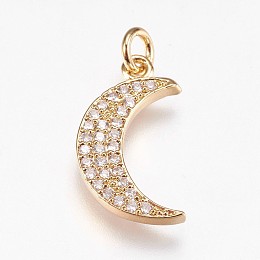 Honeyhandy Brass Micro Pave Cubic Zirconia Pendants, Moon, Golden, 19x11x2mm, Hole: 2.5mm