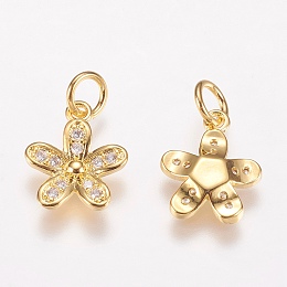 Honeyhandy Brass Micro Pave Cubic Zirconia Charms, Flower, Golden, 15x10x2mm, Hole: 3mm