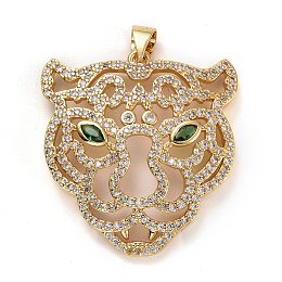 Honeyhandy Brass Micro Pave Clear & Green Cubic Zirconia Pendants, Long-Lasting Plated, Lead Free & Cadmium Free, Tiger Head, Real 18K Gold Plated, 28.5x27x4.5mm, Hole: 5x3mm