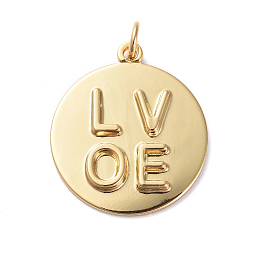 Honeyhandy Valentine Theme Brass Pendants, Long-Lasting Plated, Flat Round and LOVE, Real 18K Gold Plated, 23x20x2.4mm, Hole: 3.1mm