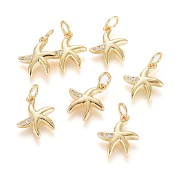 Honeyhandy Brass Micro Pave Cubic Zirconia Pendants, with Jump Ring, Long-Lasting Plated, Starfish, Clear, Real 18K Gold Plated, 13x11x2mm, Hole: 3.5mm