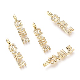 Honeyhandy Brass Micro Pave Clear Cubic Zirconia Pendants, Long-Lasting Plated, Word Smile, Golden, 29x6.5x5mm, Hole: 5.5x3mm