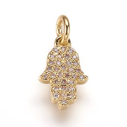 Honeyhandy Brass Micro Pave Cubic Zirconia Charms Pendants, Hamsa Hand/Hand of Fatima, Golden, 12.5x8x2mm, Hole: 3mm