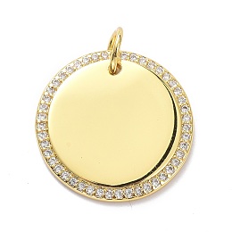 Honeyhandy Brass Micro Pave Clear Cubic Zirconia Pendants, with Jump Ring, Stamping Blank Tag, Long-Lasting Plated, Flat Round, Real 18K Gold Plated, 20x2mm, Jump Ring: 6x1mm, 4mm Inner Diameter