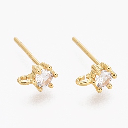 Honeyhandy Brass Micro Pave Clear Cubic Zirconia Stud Earring Findings, with Silicone Ear Nuts, with Loop, Long-Lasting Plated, Flat Round, Real 18K Gold Plated, 6x4mm, Hole: 1mm, Pin: 0.8mm