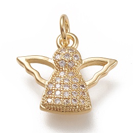 Honeyhandy Brass Micro Pave Clear Cubic  Zirconia Pendants, with Jump Rings, Angel, Real 18K Gold Plated, 14x16x2.5mm, Jump Ring: 5x1mm, 3mm Inner Diameter