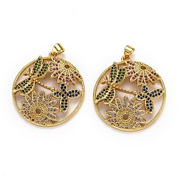 Honeyhandy Autumn Theme Brass Micro Pave Cubic Zirconia Pendants, Long-Lasting Plated, Ring with Dragonfly & Butterfly & Flower, Real 18K Gold Plated, 31.5x28.5x5mm, Hole: 4x3mm