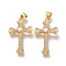 Honeyhandy Brass Micro Pave  Clear Cubic Zirconia Pendants, Cross, Real 18K Gold Plated, 31x18x4mm, Hole: 3x4mm