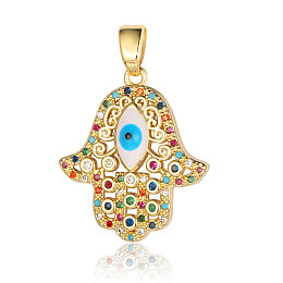 Honeyhandy Brass Micro Pave Cubic Zirconia Pendants, Hamsa Hand with Evil Eye Charms, Real 18K Gold Plated, 24x20x3.8mm