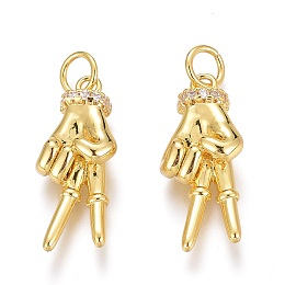 Honeyhandy Brass Micro Pave Clear Cubic Zirconia ASL Pendants, Peace Hand Charms, Long-Lasting Plated, with Jump Rings, Yeah Gesture Pendants, Real 18K Gold Plated, 21x9x5.5mm, Hole: 3mm, Jump Ring: 5x1mm