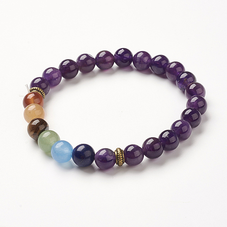 Honeyhandy Yoga Chakra Jewelry, Natural Amethyst Beads Stretch Bracelets, 2-3/8 inch(60mm)