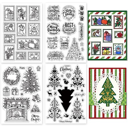 GLOBLELAND 4 Style Christmas Theme Clear Stamps Christmas Postage Silicone Stamps Christmas Wish Words Rubber Stamps Christmas Tree Fireplace Transparent Seal Stamps for Card Making Scrapbooking
