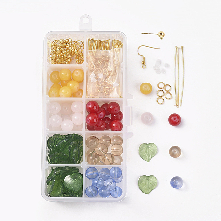 NBEADS DIY Earring Making, with Baking Painted Glass Beads, Plastic Ear Nuts, Brass Earring Hooks & Jump Rings, Acrylic Pendants, Iron Head Pins, Golden, 135x70x30mm