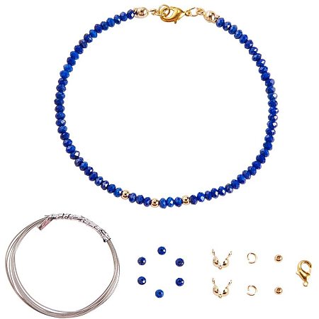 SUNNYCLUE DIY 1 Set Natural Gemstone Lapis Lazuli Beaded Bracelet Making Kit Faceted 3x2mm Semi Precious Stone for Women Girls, Golden