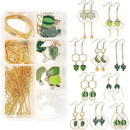 SUNNYCLUE 1 Box DIY 10 Pairs Green Plant Earring Making Kits Cactus Banana Cabbage Lemon Leaf Maple Charms Pendants & Glass Pearl Beads & Earring Hooks for Handmade Earrings Beginner
