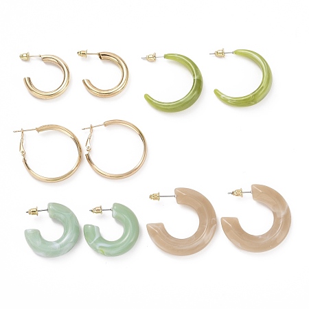 ARRICRAFT C-shape Stud Earrings, Resin Half Hoop Earrings, Open Hoop Earrings for Women, Glden, Mixed Color, 24.5~35x5~10mm, Pin: 0.8mm, 5 pairs/set