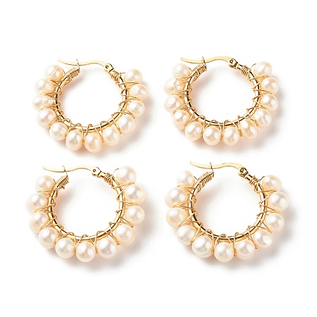Honeyhandy 304 Stainless Steel Hoop Earrings, with Natural Pearls, Ring, White, Golden, 34.5x36x7mm, Pin: 0.7x1mm