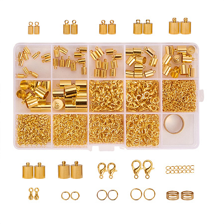PandaHall Elite Jewelry Finding Sets, with Iron Jump Rings, Zinc Alloy Lobster Claw Clasps, Alloy End Piece, Iron End Chains, Brass Cord Ends and Assistant Buckling Tool, Golden, 5~50x5~10x0.7~10mm